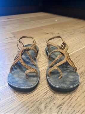 Braided Strap Sandals in mustard yellow with Denim-Textured Footbed